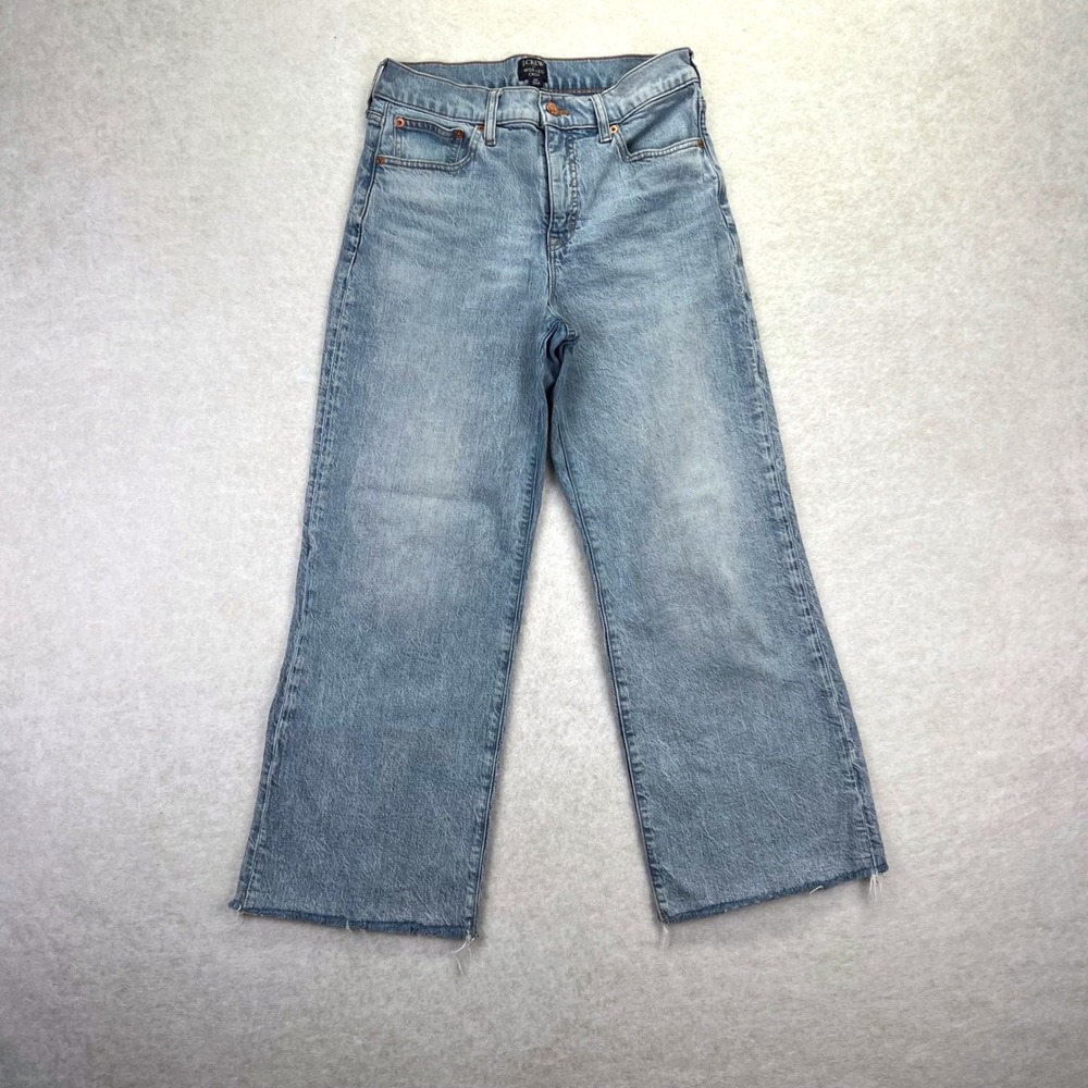 J.Crew Wide Leg Crop Jeans Women 26 Curvy Light Blue Raw Hem High Rise Denim